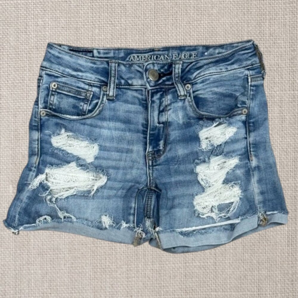 American Eagle Next Level Stretch Shredded Raw Hem Cutoff Distressed Shorts 6